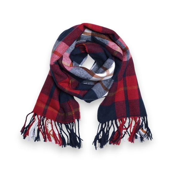 Old Navy Other - Old Navy Red Blue Plaid Tartan Winter Holiday Fringe Flannel Scarf One Size
